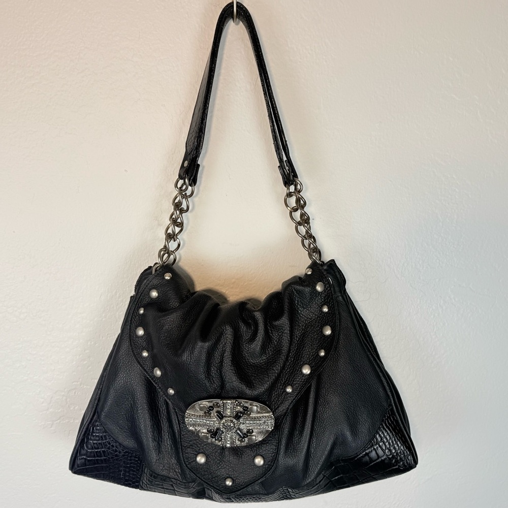 Vintage LEATHEROCK USA Black Pebbled Leather Jewel Studded Rocker Hobo Y2K Biker - Picture 4 of 16